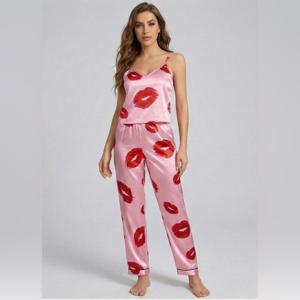 Satin Lips Cami And Long Pants Pyjama Set Pink